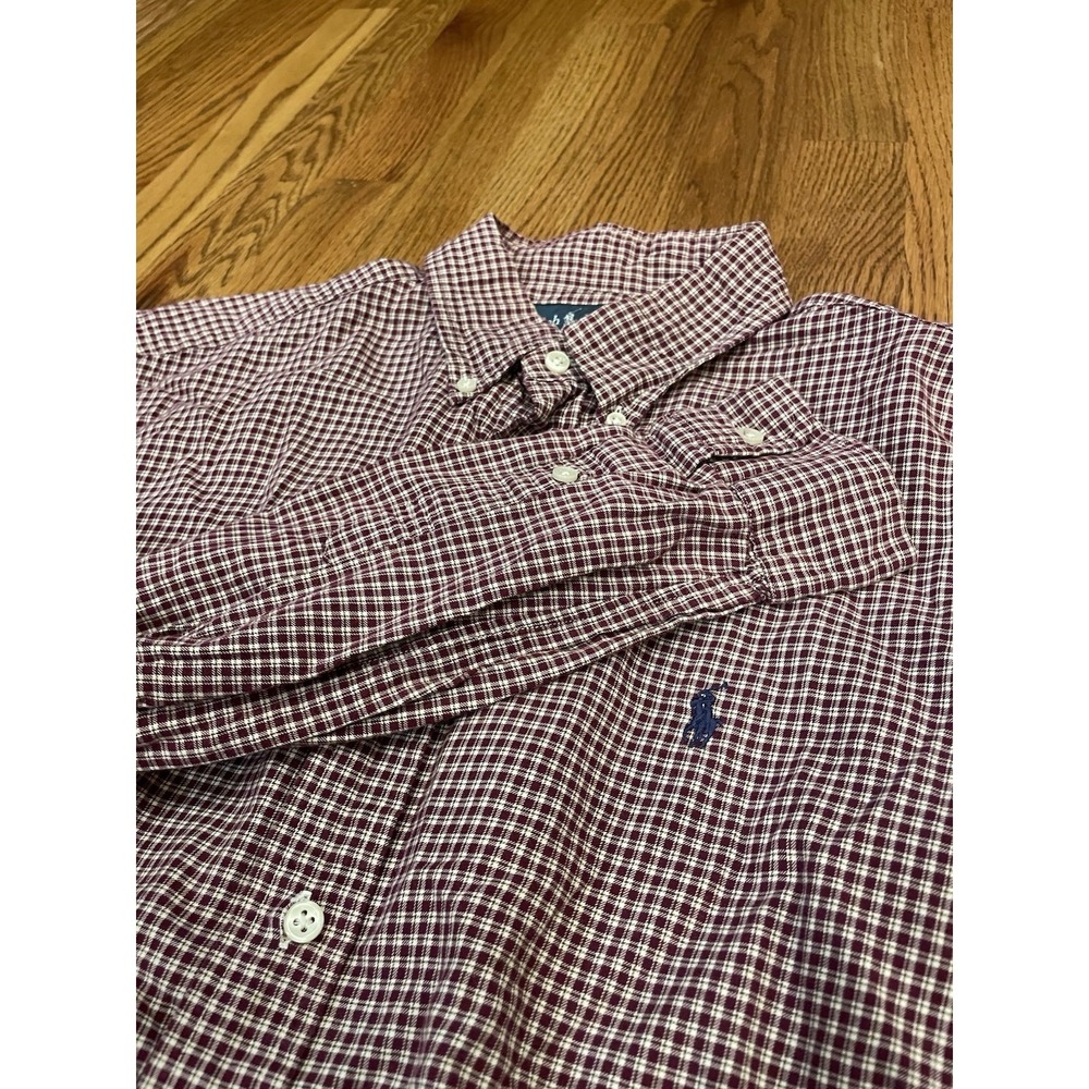 Ralph Lauren Mens Button Down Shirt L Burgundy Plaid Classic Fit Long Sleeve